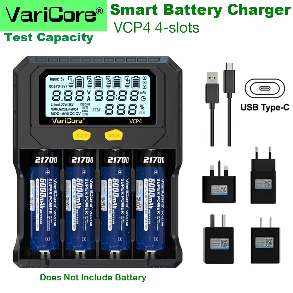 VCQ4 TC2 R4 Intelligent Battery Charger Portable for 3.7V Lithium 18650 26650 21700 18500 18350 1.2V NI-MH Ni-Cd AA AAA