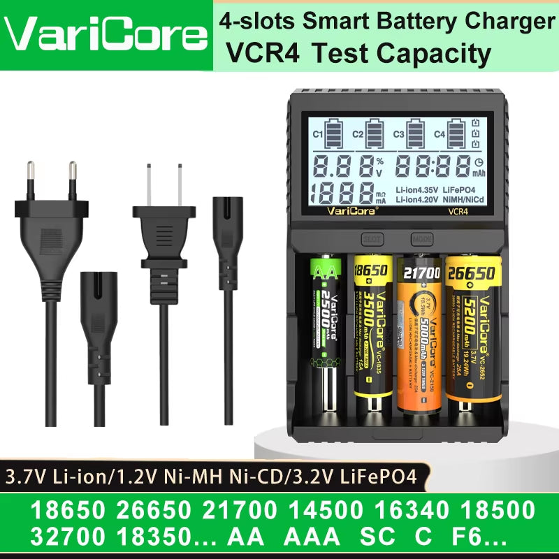 VCQ4 TC2 R4 Intelligent Battery Charger Portable for 3.7V Lithium 18650 26650 21700 18500 18350 1.2V NI-MH Ni-Cd AA AAA
